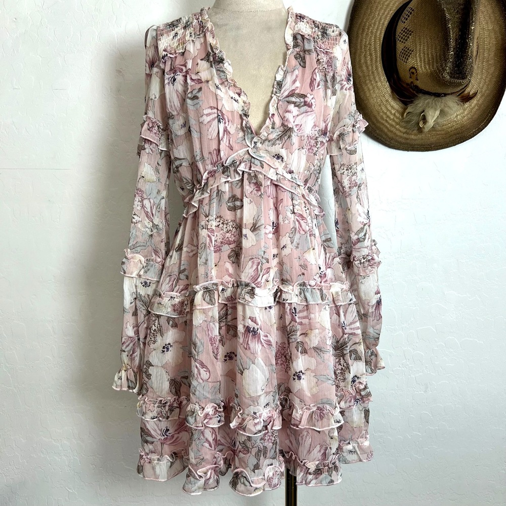 Fashion Nova VTG Rosie Floral Dress XS Pink V-Neck Smocked Boho Coquette NWT